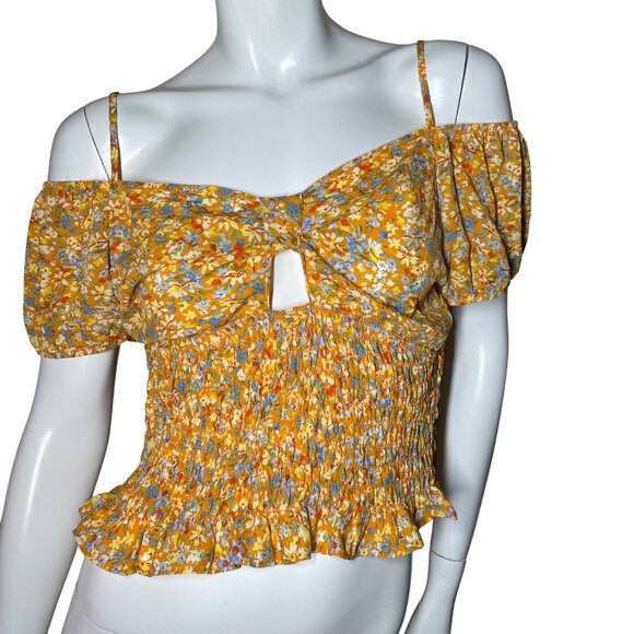 Women’s Sienna Sky Large Top Floral Smocked Crop Adjustable Straps Yellow/Blue - Picture 1 of 12